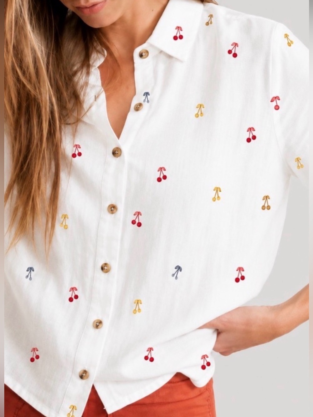 Marine Layer Dana Button Down Tencel Linen Top M Novelty Cherry Print Boxy Flaw